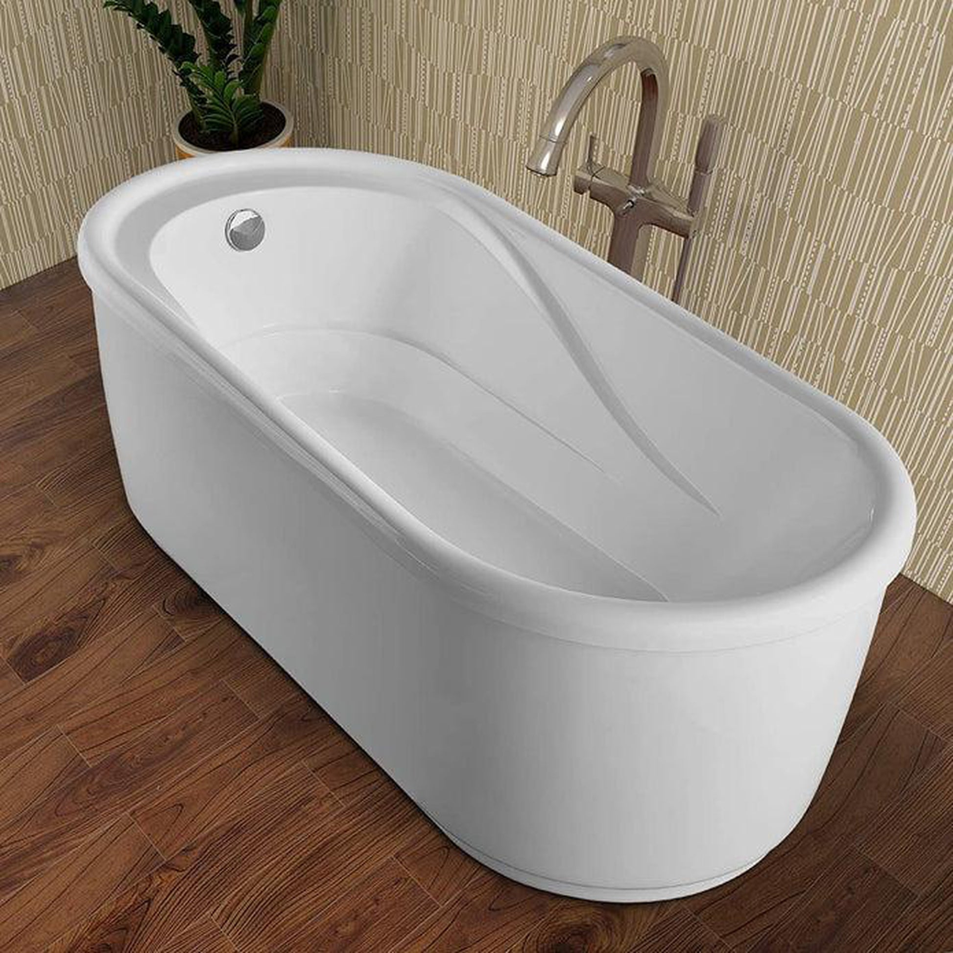 Vanity Art 67" W x 23" H White Acrylic Freestanding Bathtub With Polished Chrome Round Overflow and Pop-up Drain