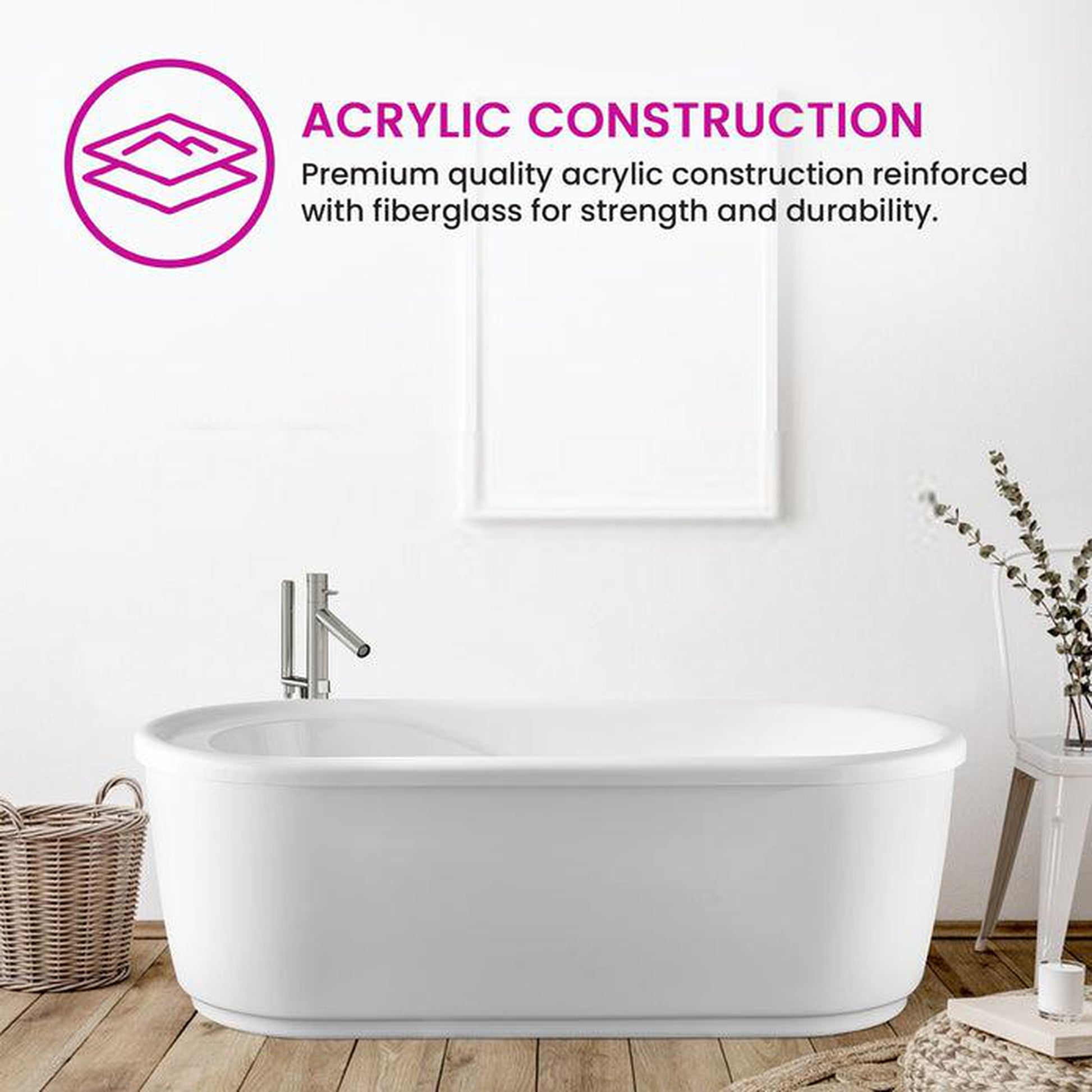 Vanity Art 67" W x 23" H White Acrylic Freestanding Bathtub With Polished Chrome Round Overflow and Pop-up Drain