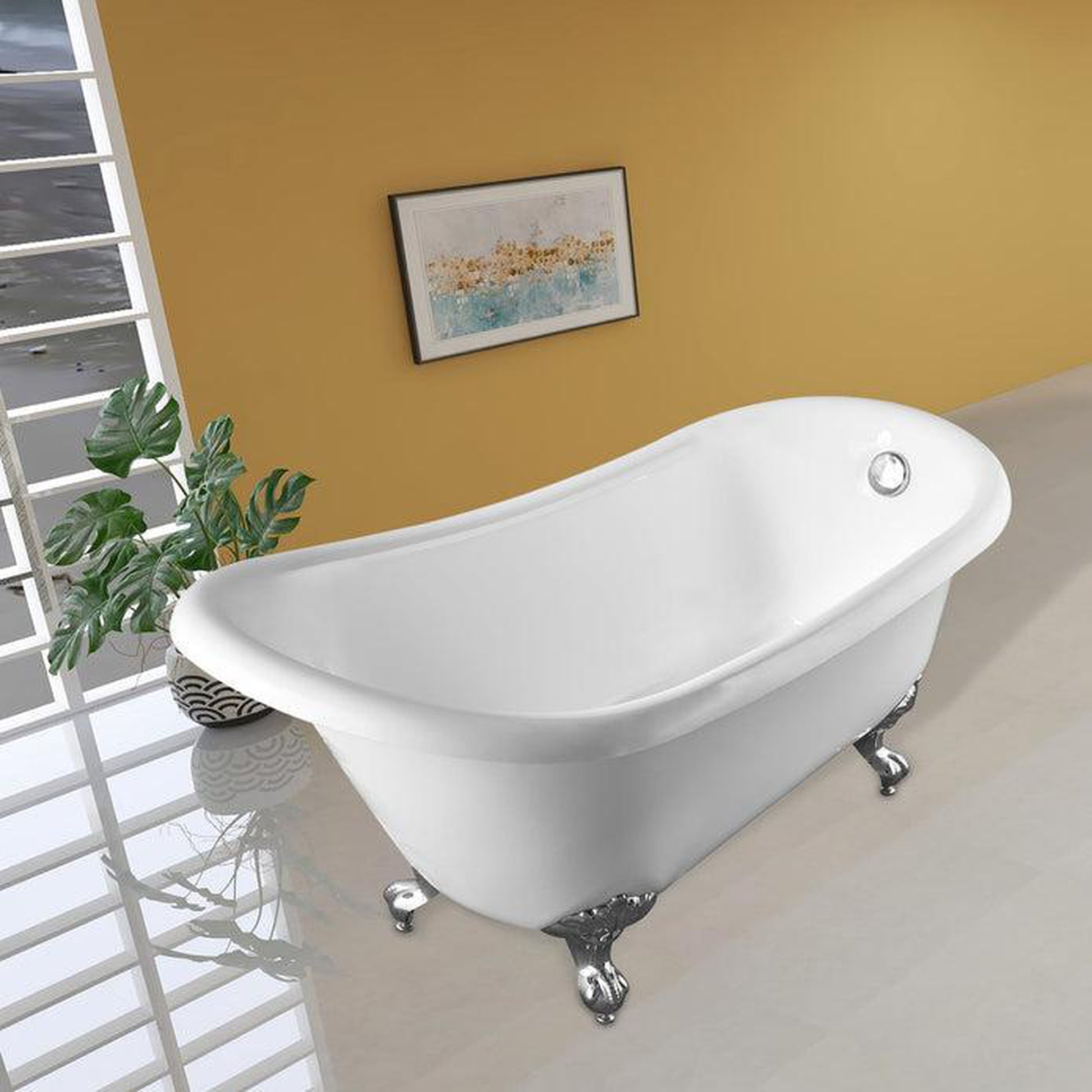 Vanity Art 67" W x 30" H White Acrylic Freestanding Bathtub With Polished Chrome Round Overflow and Pop-up Drain