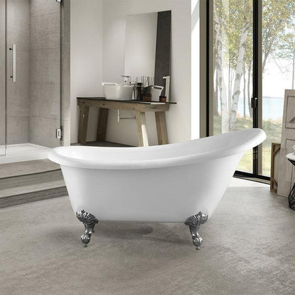 Vanity Art 67" W x 30" H White Acrylic Freestanding Bathtub With Polished Chrome Round Overflow and Pop-up Drain