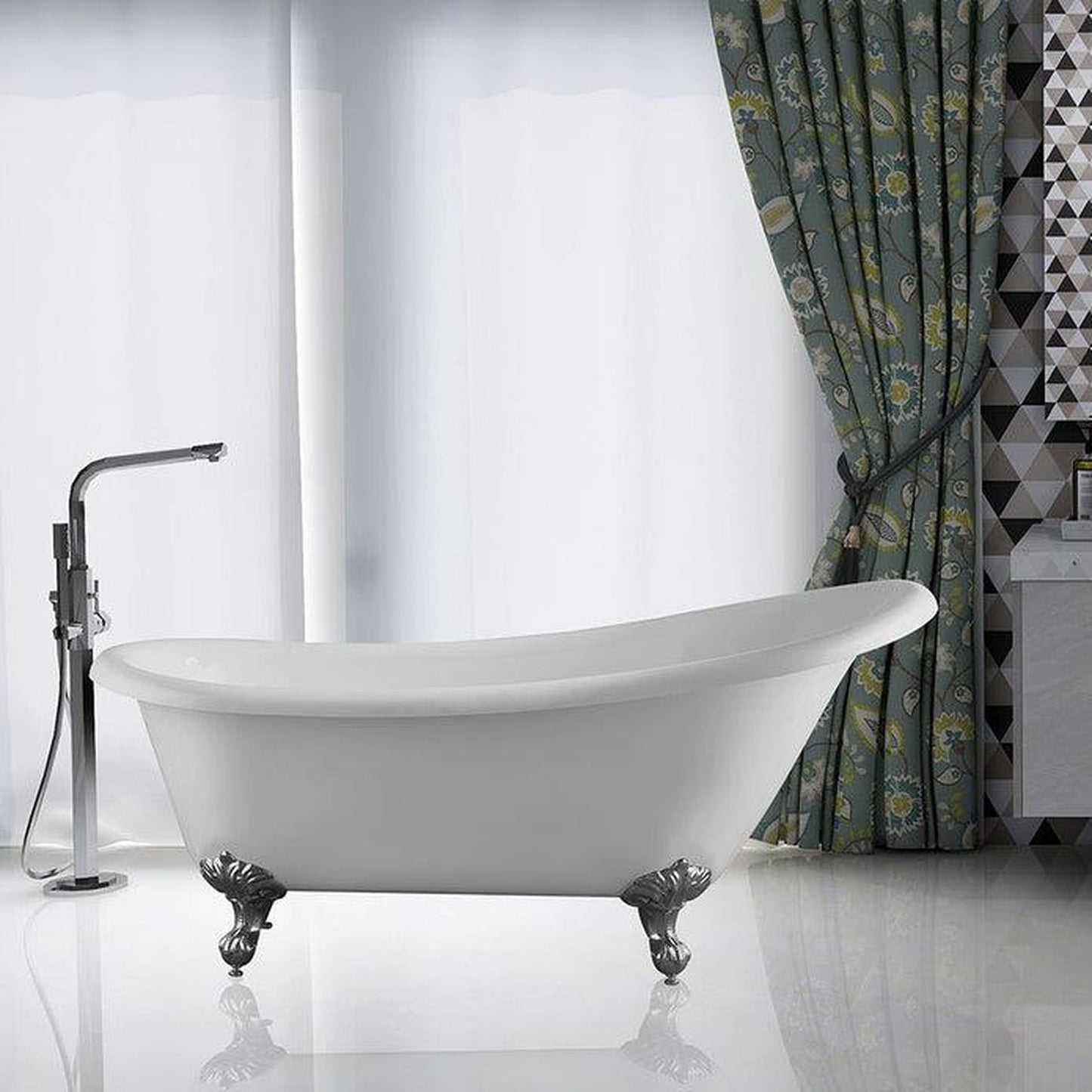 Vanity Art 67" W x 30" H White Acrylic Freestanding Bathtub With Polished Chrome Round Overflow and Pop-up Drain