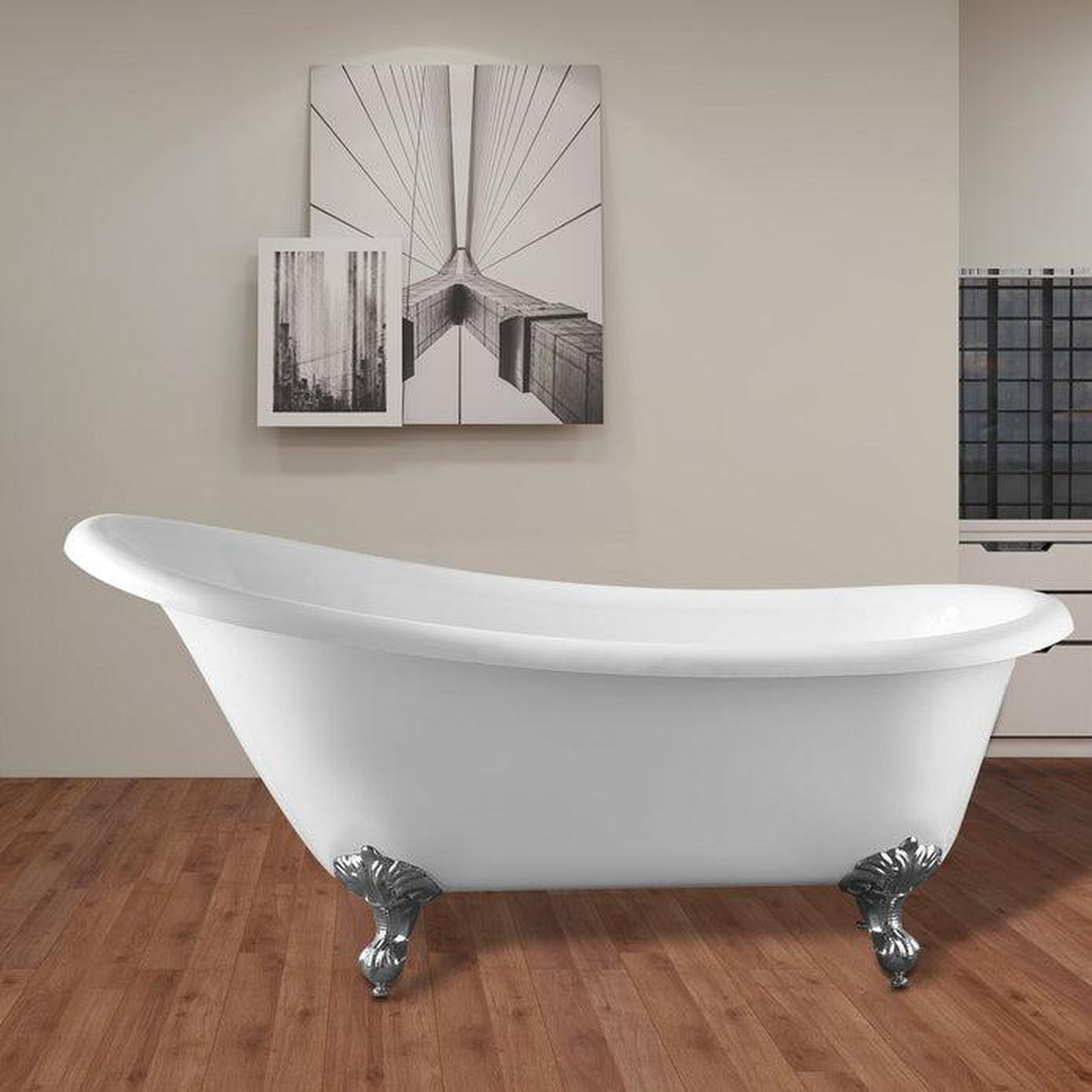 Vanity Art 67" W x 30" H White Acrylic Freestanding Bathtub With Polished Chrome Round Overflow and Pop-up Drain