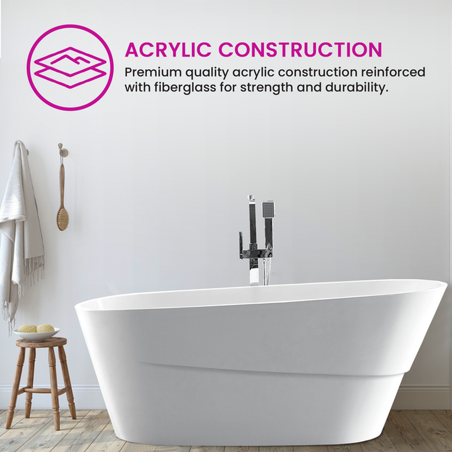 Vanity Art 67" White Acrylic Freestanding Bathtub With Polished Chrome Pop-up Drain, Slotted Overflow and Flexible Drain Hose