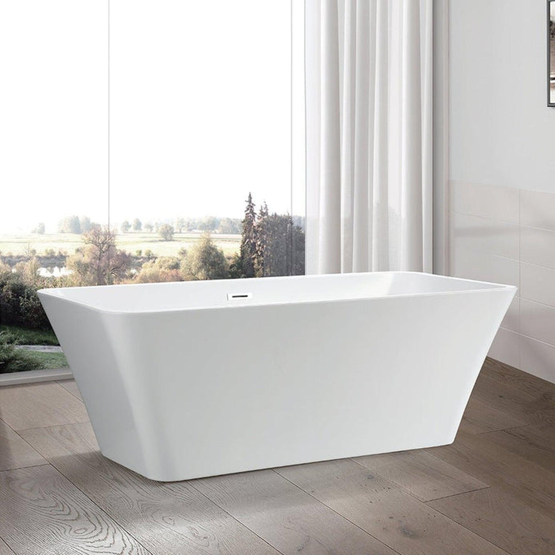Vanity Art 67" White Acrylic Modern Stand Alone Rectangular Freestanding Soaking Bathtub With Slotted Overflow and Pop-up Drain