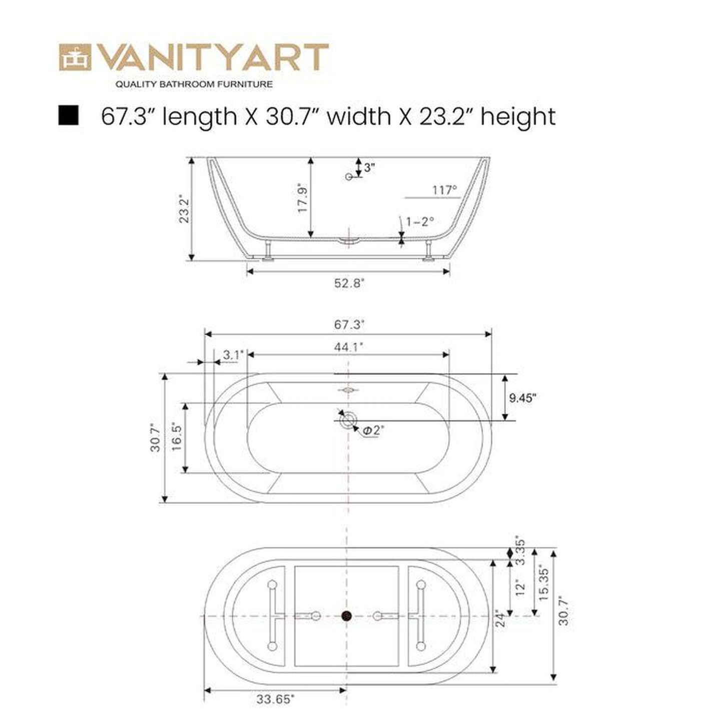 Vanity Art 67" White Acrylic Modern Stand Alone Soaking Tub With Chrome Finish Round Overflow and Pop-up Drain