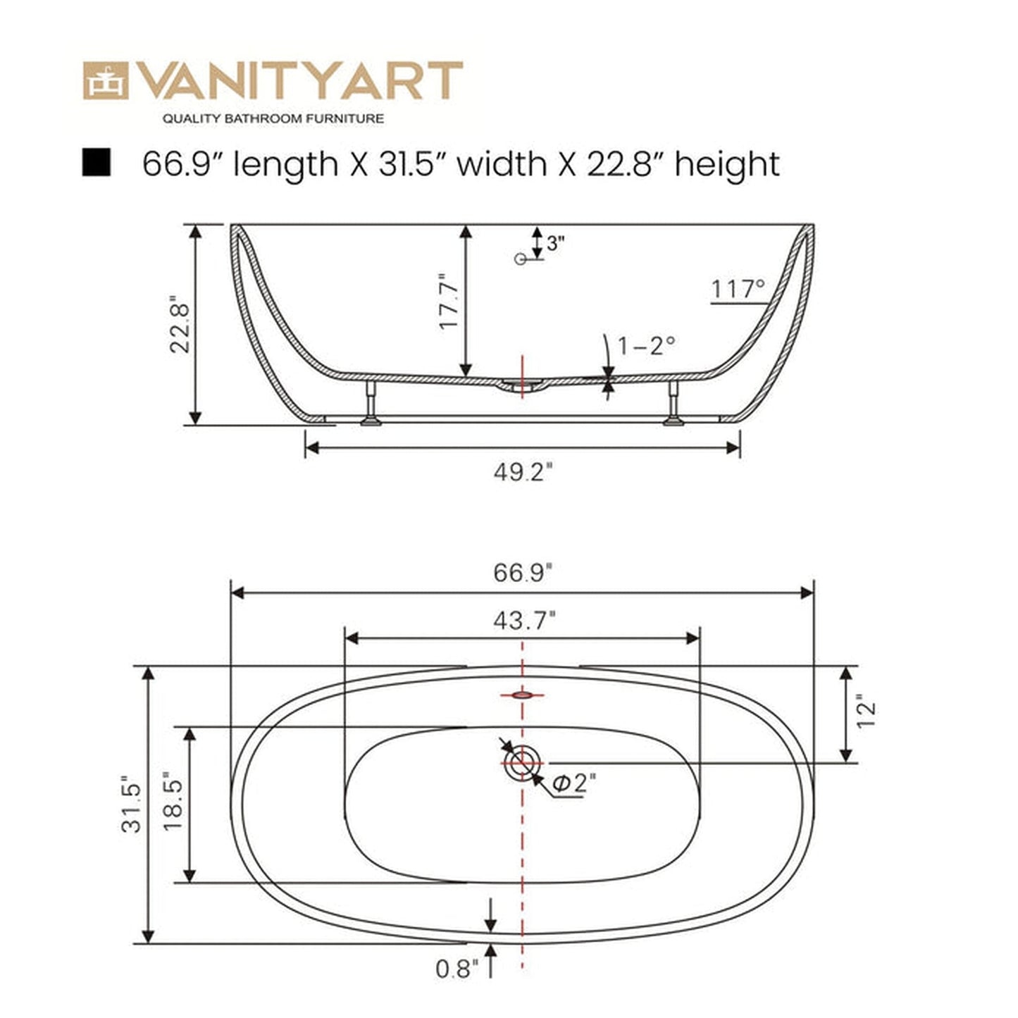 Vanity Art 67" White Modern Stand Alone Soaking Tub With Chrome Round Overflow Pop-up Drain