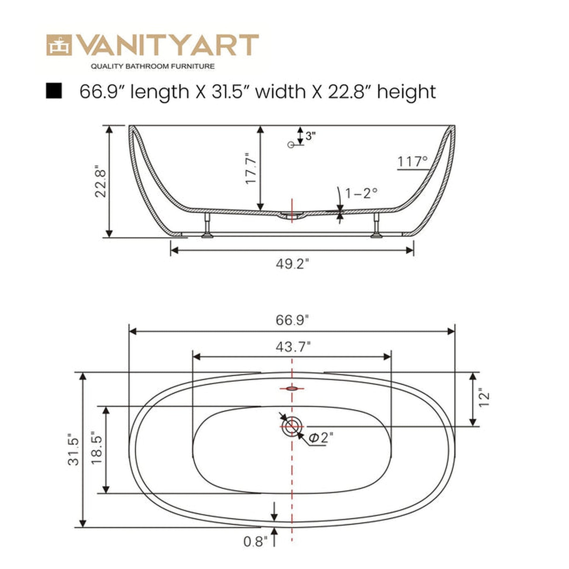 Vanity Art 67" White Modern Stand Alone Soaking Tub With Chrome Round Overflow Pop-up Drain