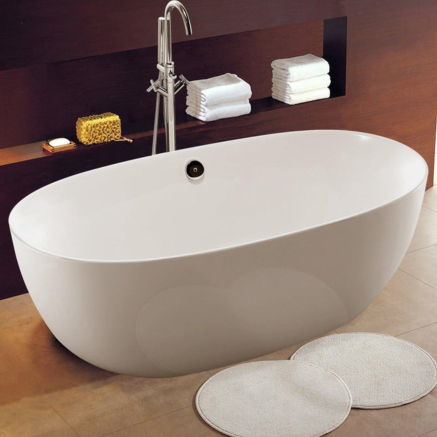 Vanity Art 67" White Modern Stand Alone Soaking Tub With Chrome Round Overflow Pop-up Drain