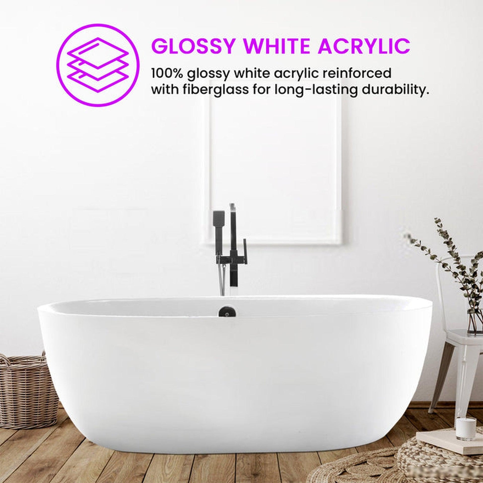 Vanity Art 67" White Modern Stand Alone Soaking Tub With Chrome Round Overflow Pop-up Drain