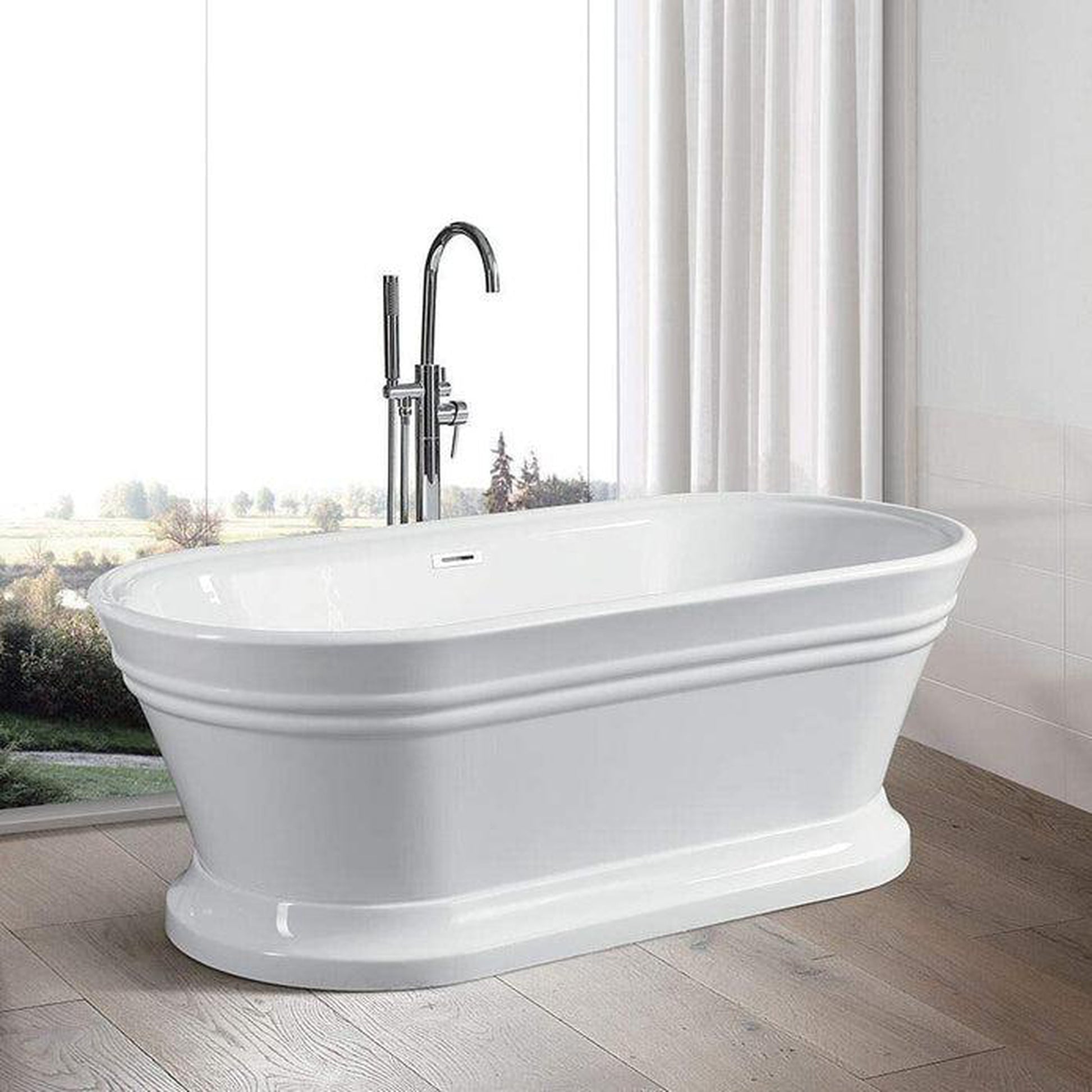 Vanity Art 67" x 24" White Acrylic Modern Freestanding Bathtub With Polished Chrome Pop-up Drain, Slotted Overflow and Flexible Drain Hose