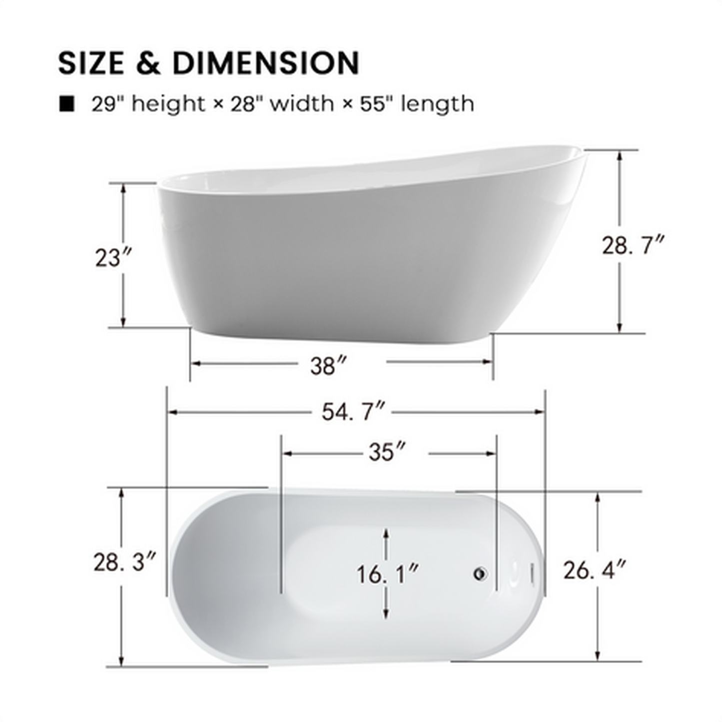 Vanity Art 67" x 29" White Acrylic Modern Freestanding Bathtub With Polished Chrome Pop-up Drain, Slotted Overflow and Flexible Drain Hose