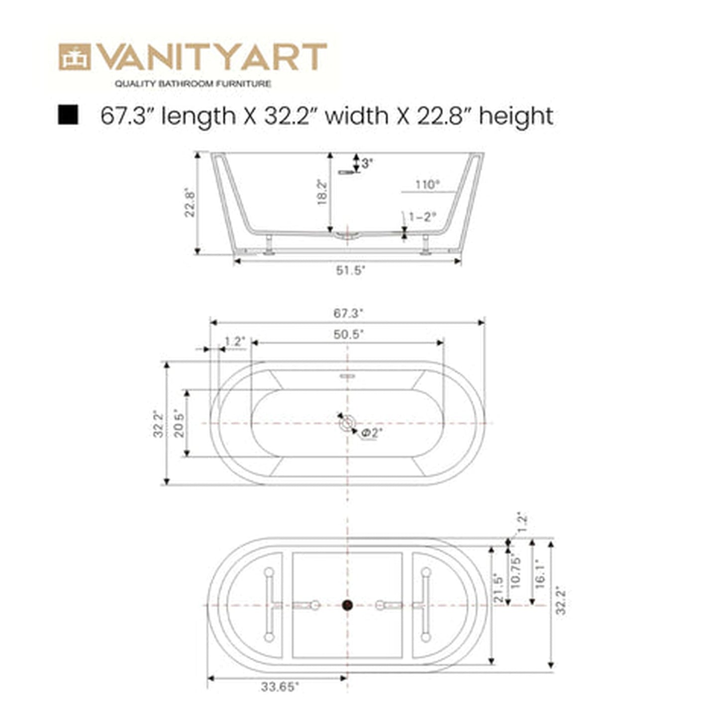 Vanity Art 67" x 32" White Acrylic Freestanding Non-Slip Soaking Bathtub With Polished Chrome Drain Finish