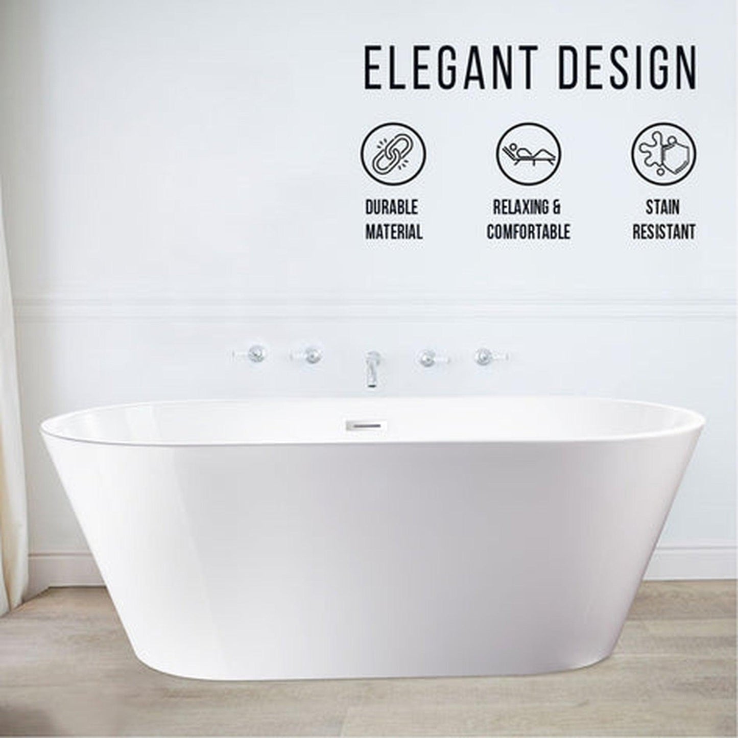 Vanity Art 67" x 32" White Acrylic Freestanding Non-Slip Soaking Bathtub With Polished Chrome Drain Finish