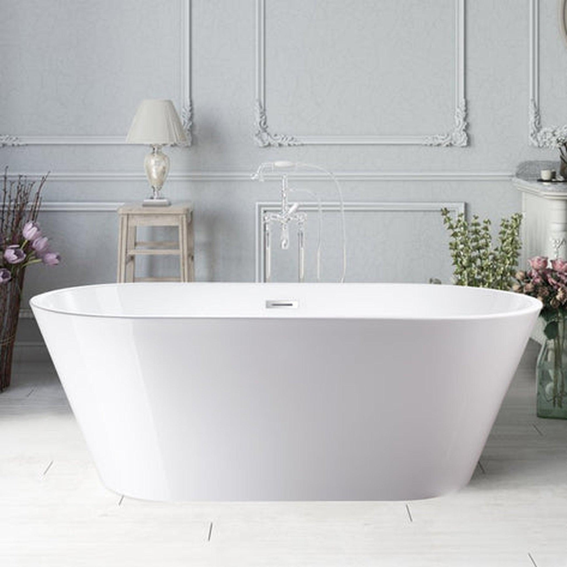 Vanity Art 67" x 32" White Acrylic Freestanding Non-Slip Soaking Bathtub With Polished Chrome Drain Finish