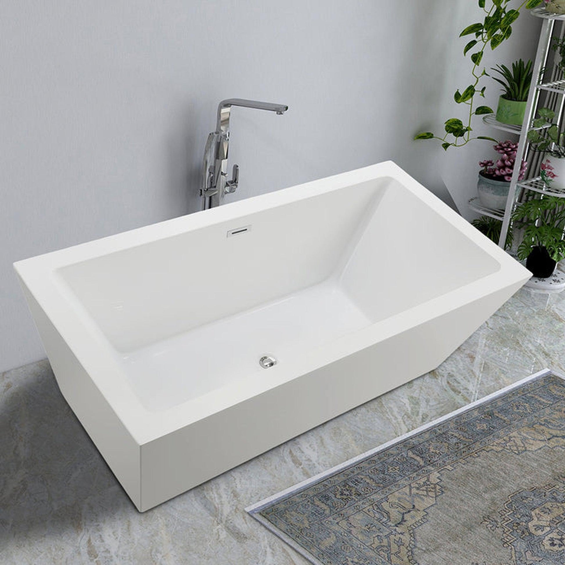 Vanity Art 67" x 32" White Acrylic Rectangle Freestanding Bathtub With Polished Chrome Pop-up Drain, Slotted Overflow and Flexible Drain Hose