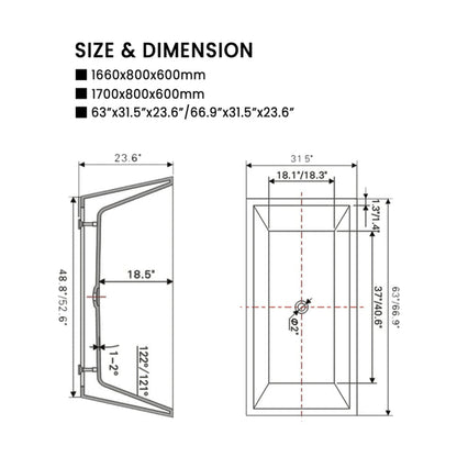 Vanity Art 67" x 32" White Rectangle Acrylic Modern Stand Alone Soaking Tub With Polished Chrome Pop-up Drain, Overflow and Flexible Drain Hose