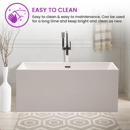Vanity Art 67" x 32" White Rectangle Acrylic Modern Stand Alone Soaking Tub With Polished Chrome Pop-up Drain, Slotted Overflow and Flexible Drain Hose