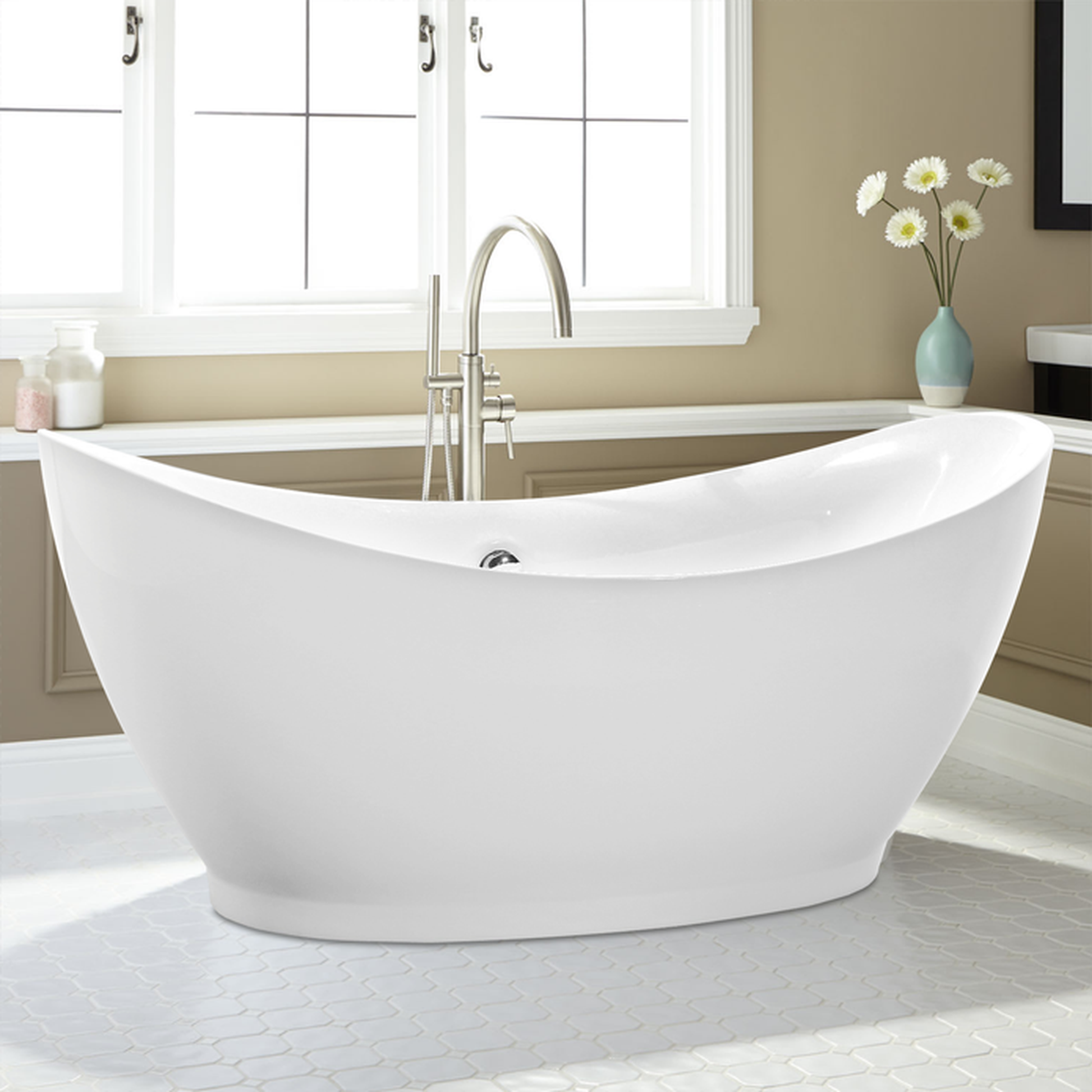 Vanity Art 68" W x 30" H White Acrylic Freestanding Bathtub With Polished Chrome Pop-up Drain and Flexible Drain Hose