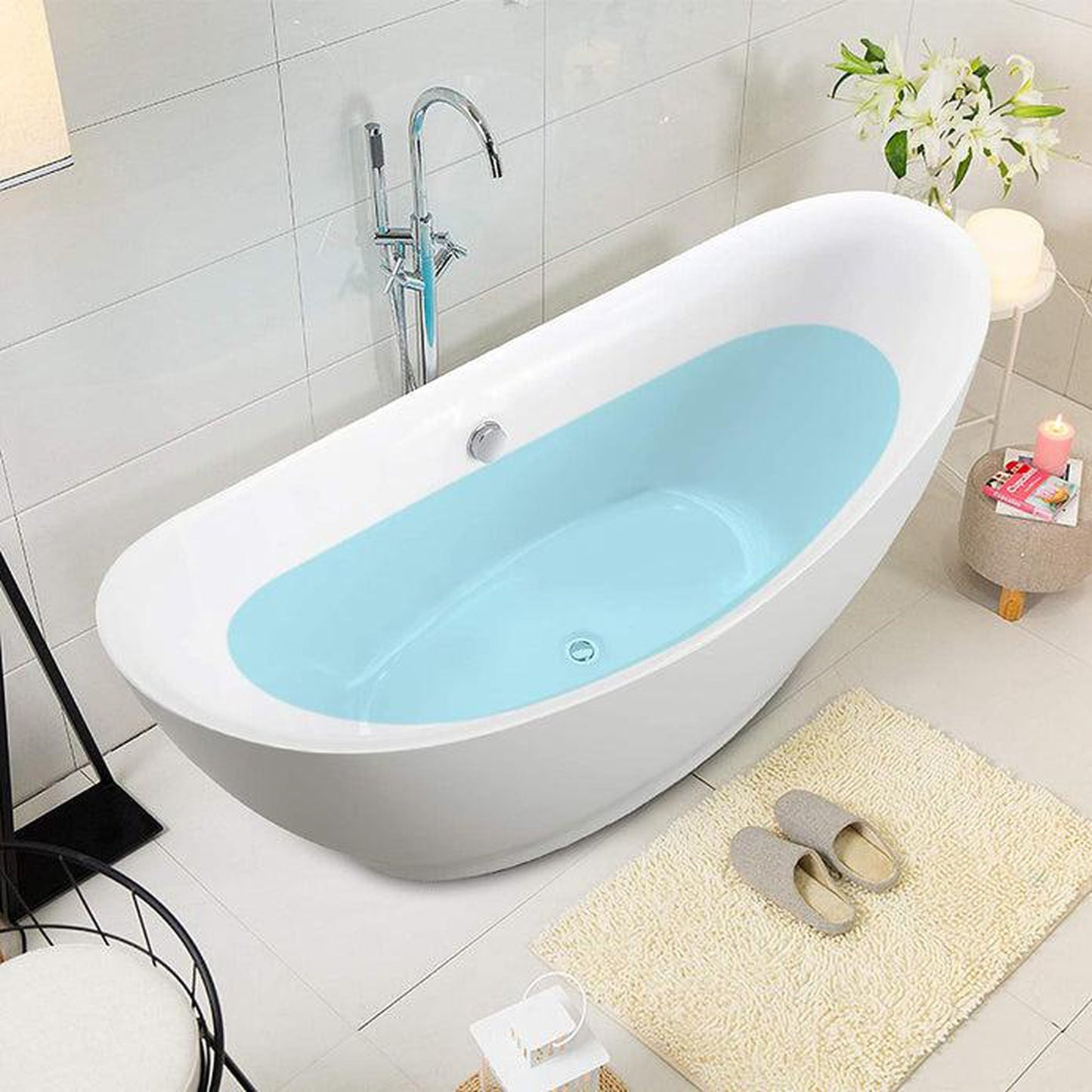 Vanity Art 68" W x 30" H White Acrylic Freestanding Bathtub With Polished Chrome Pop-up Drain and Flexible Drain Hose