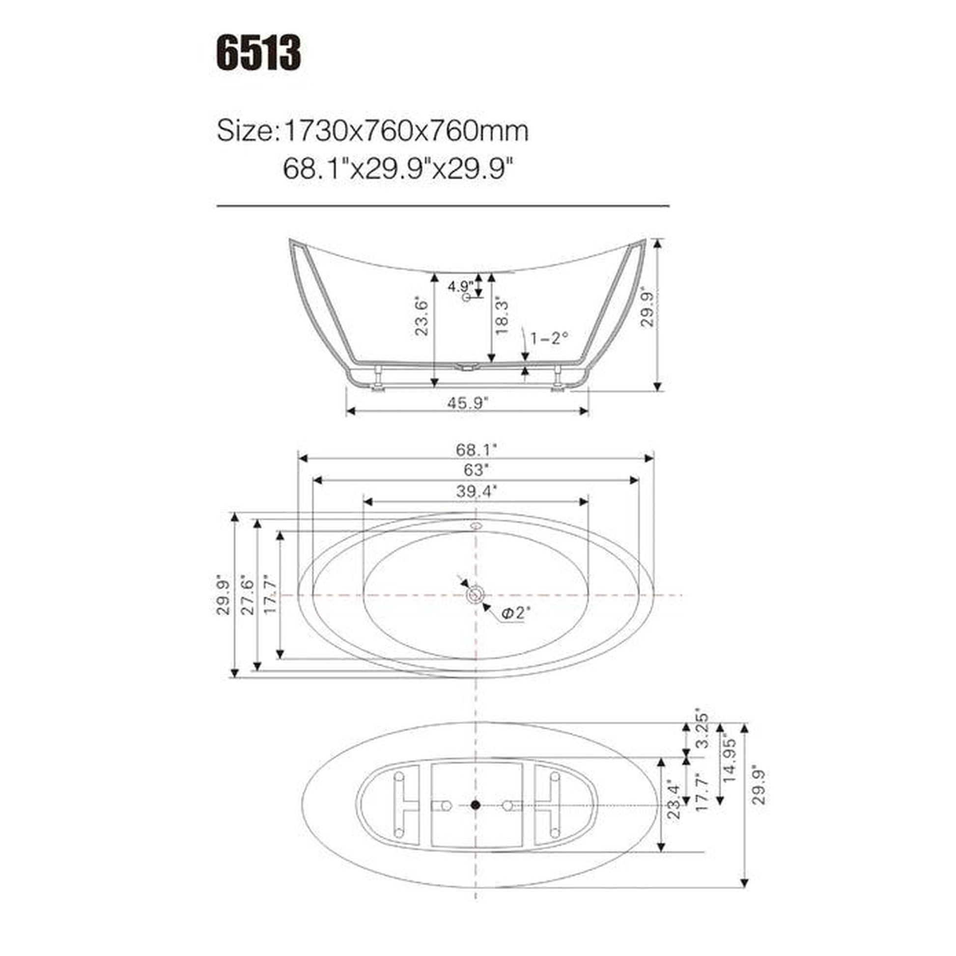 Vanity Art 68" W x 30" H White Acrylic Freestanding Bathtub With Polished Chrome Pop-up Drain and Flexible Drain Hose