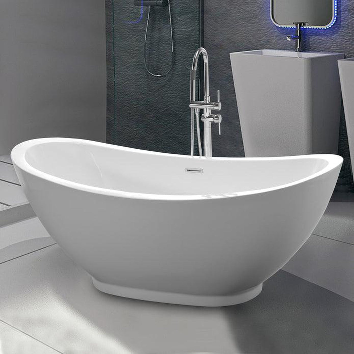 Vanity Art 69" W x 28" H White Acrylic Freestanding Bathtub With Polished Chrome Pop-up Drain Slotted Overflow and Flexible Drain Hose