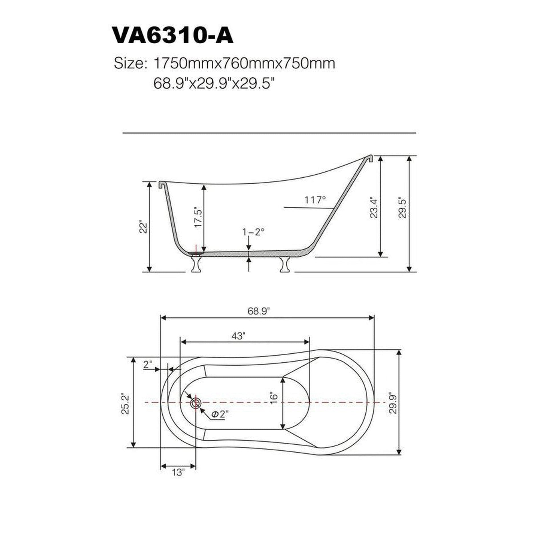 Vanity Art 69" W x 30" H White Acrylic Freestanding Claw Foot Bathtub With Polished Chrome Pop-up Drain and Flexible Drain Hose