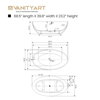 Vanity Art 69" x 40" White Modern Stand Alone Soaking Tub With Polished Chrome Slotted Overflow and Pop-up Drain