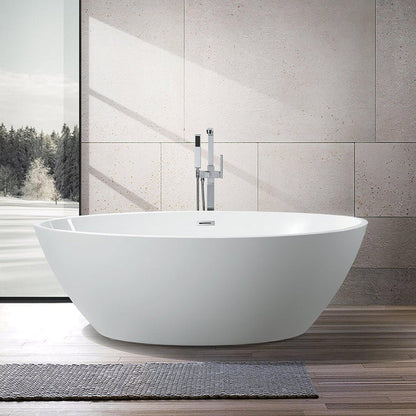 Vanity Art 69" x 40" White Modern Stand Alone Soaking Tub With Polished Chrome Slotted Overflow and Pop-up Drain