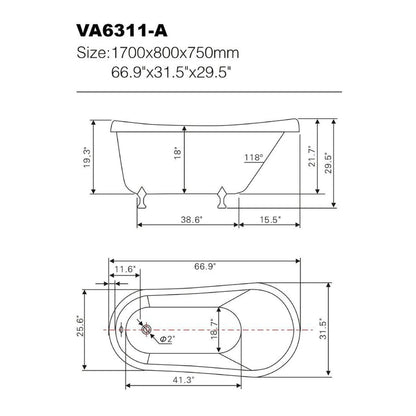 Vanity Art 70" W x 30" H Red Acrylic Freestanding Claw Foot Bathtub With Polished Chrome Pop-up Drain and Flexible Drain Hose