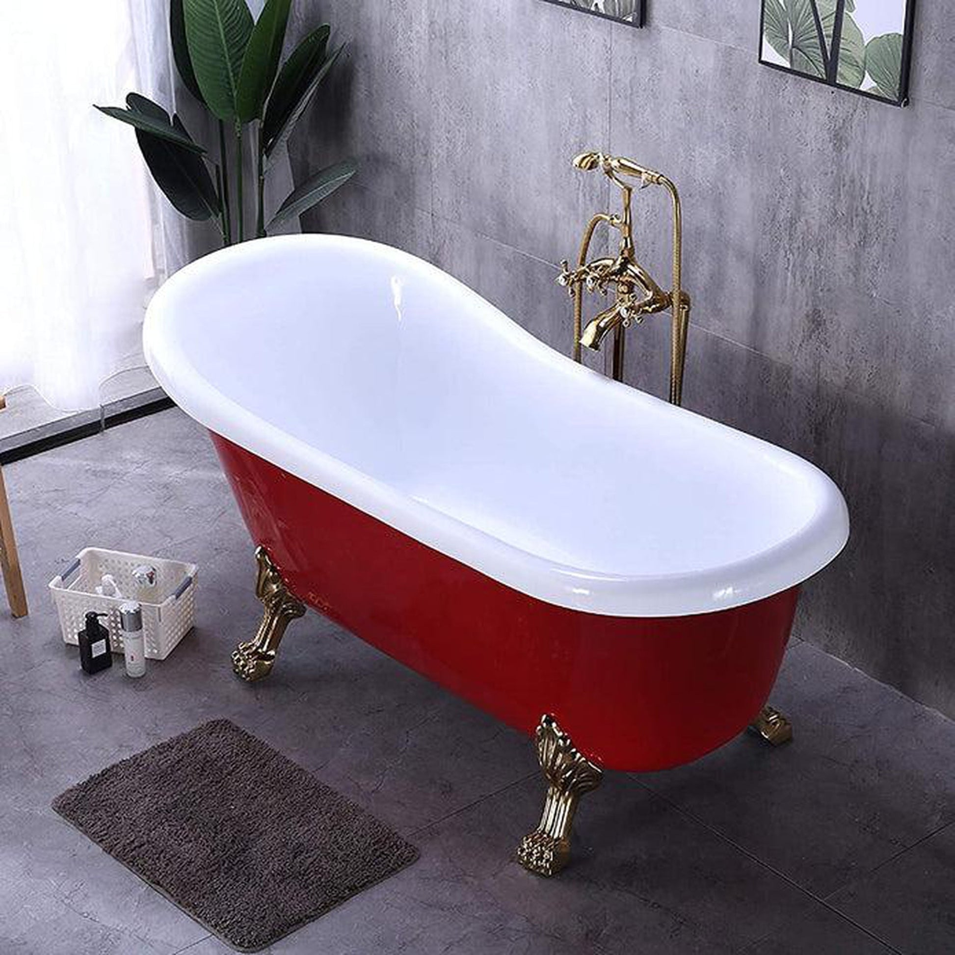 Vanity Art 70" W x 30" H Red Acrylic Freestanding Claw Foot Bathtub With Polished Chrome Pop-up Drain and Flexible Drain Hose