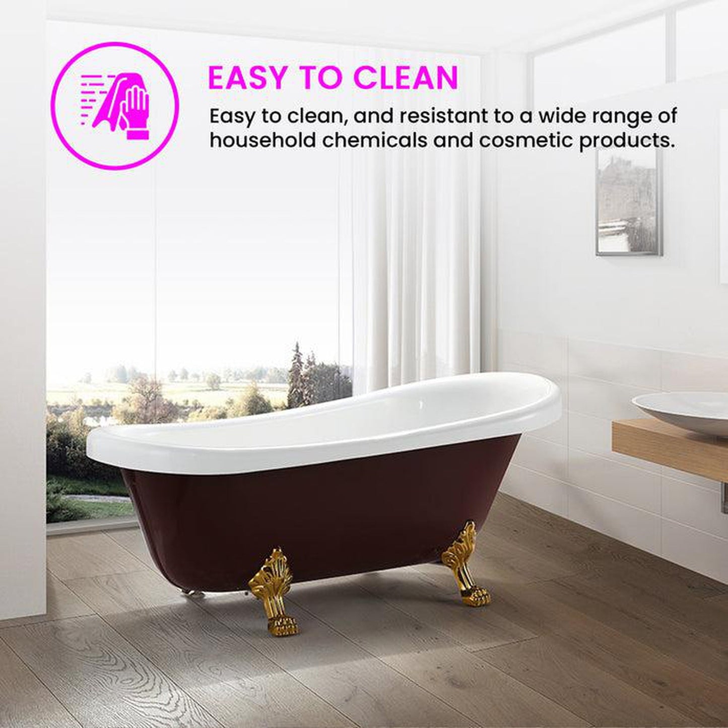 Vanity Art 70" W x 30" H Red Acrylic Freestanding Claw Foot Bathtub With Polished Chrome Pop-up Drain and Flexible Drain Hose