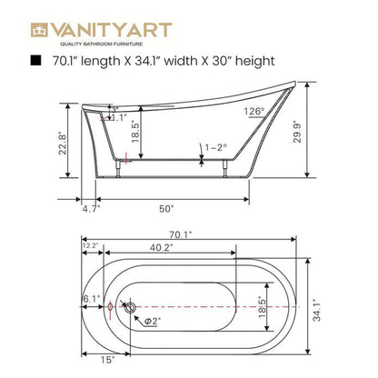 Vanity Art 70" W x 30" H White Acrylic Freestanding Bathtub With Polished Chrome Round Overflow and Pop-up Drain