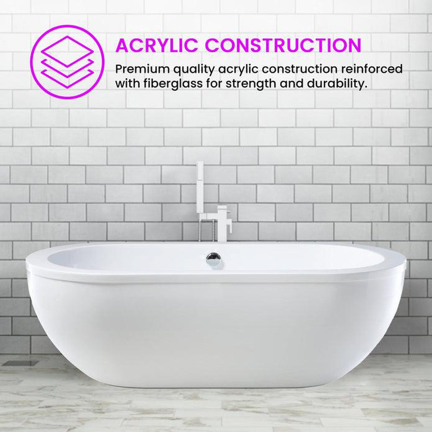 Vanity Art 71" W x 24" H White Acrylic Freestanding Bathtub With Polished Chrome Round Overflow and Pop-up Drain