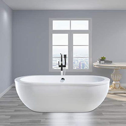 Vanity Art 71" W x 24" H White Acrylic Freestanding Bathtub With Polished Chrome Round Overflow and Pop-up Drain