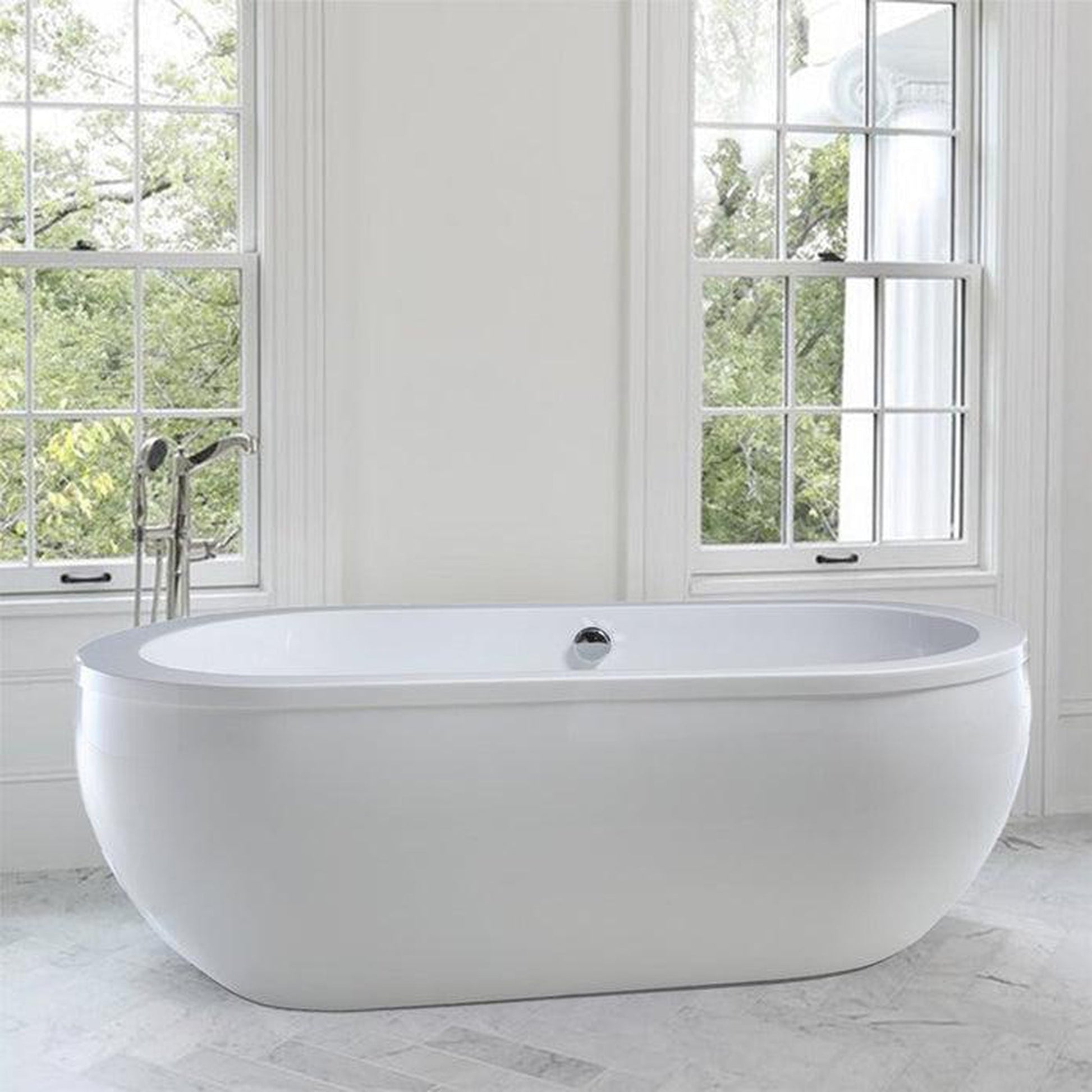 Vanity Art 71" W x 24" H White Acrylic Freestanding Bathtub With Polished Chrome Round Overflow and Pop-up Drain