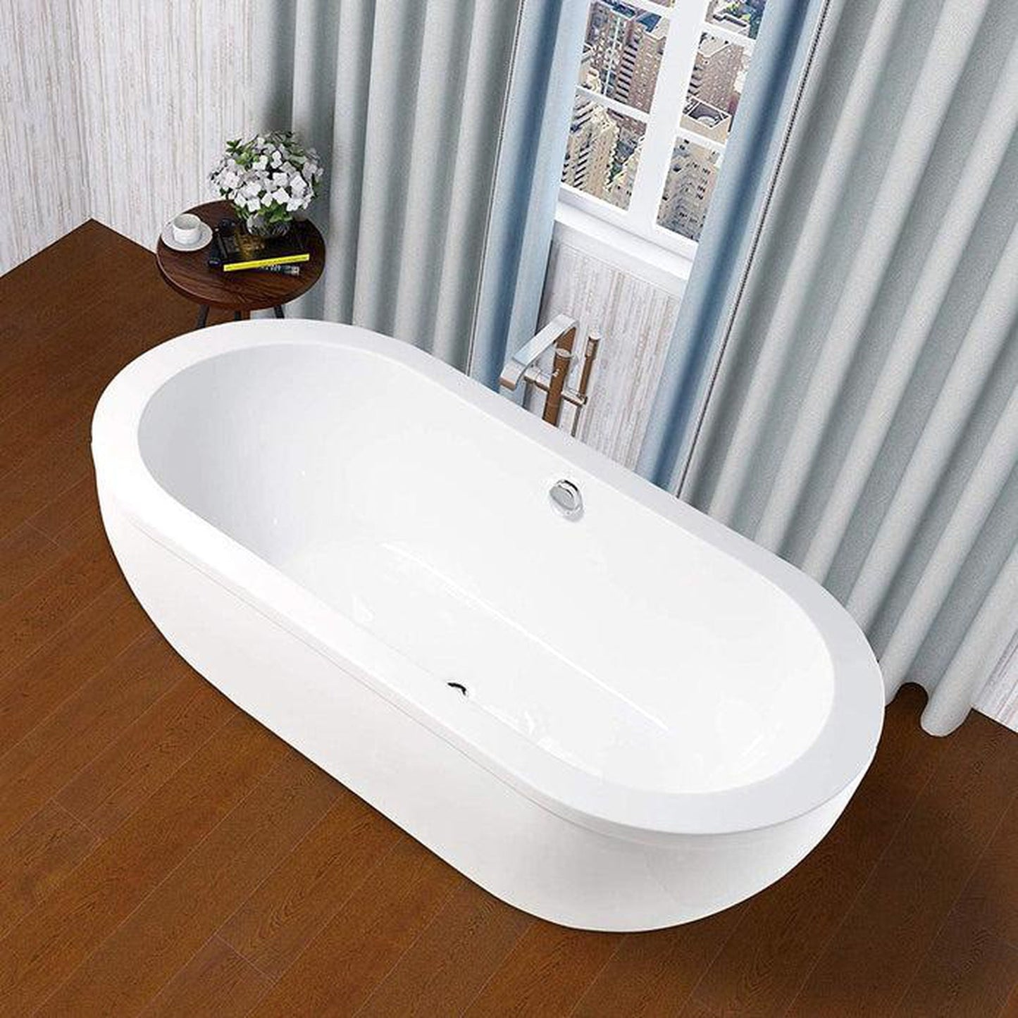 Vanity Art 71" W x 24" H White Acrylic Freestanding Bathtub With Polished Chrome Round Overflow and Pop-up Drain