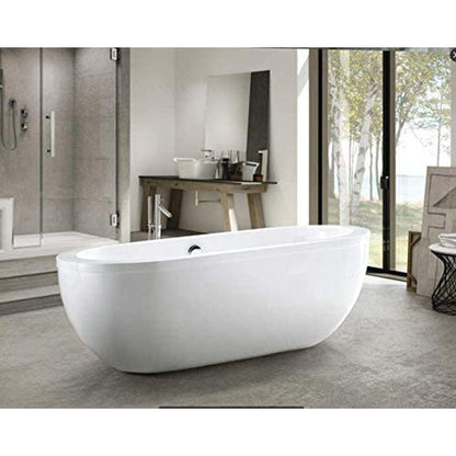 Vanity Art 71" W x 24" H White Acrylic Freestanding Bathtub With Polished Chrome Round Overflow and Pop-up Drain