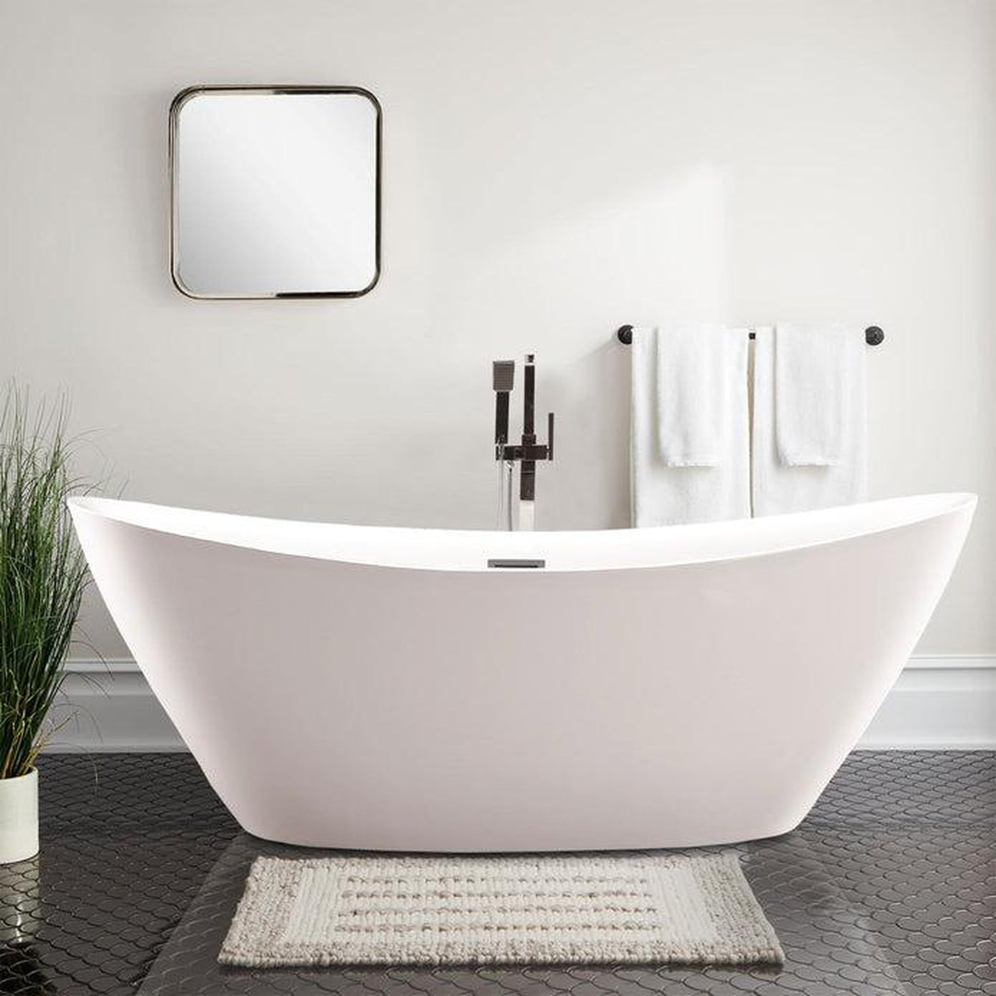 Vanity Art 71" W x 26" H White Acrylic Non-Slip Oval Freestanding Bathtub With Brushed Nickel Pop-up Drain, Overflow and Flexible Drain Hose