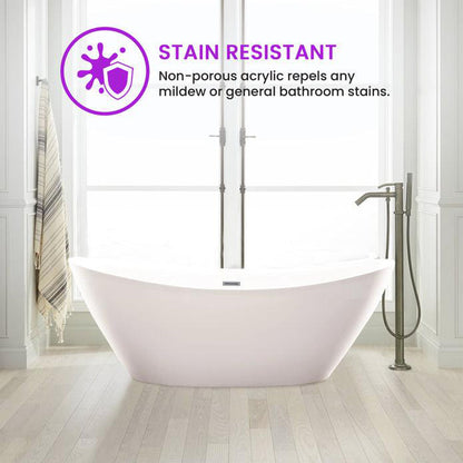 Vanity Art 71" W x 26" H White Acrylic Non-Slip Oval Freestanding Bathtub With Brushed Nickel Pop-up Drain, Overflow and Flexible Drain Hose