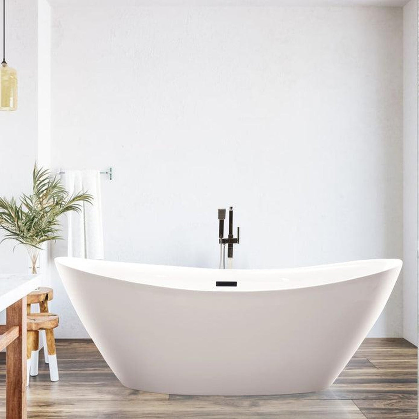 Vanity Art 71" W x 26" H White Acrylic Non-Slip Oval Freestanding Bathtub With Matte Black Pop-up Drain, Overflow and Flexible Drain Hose