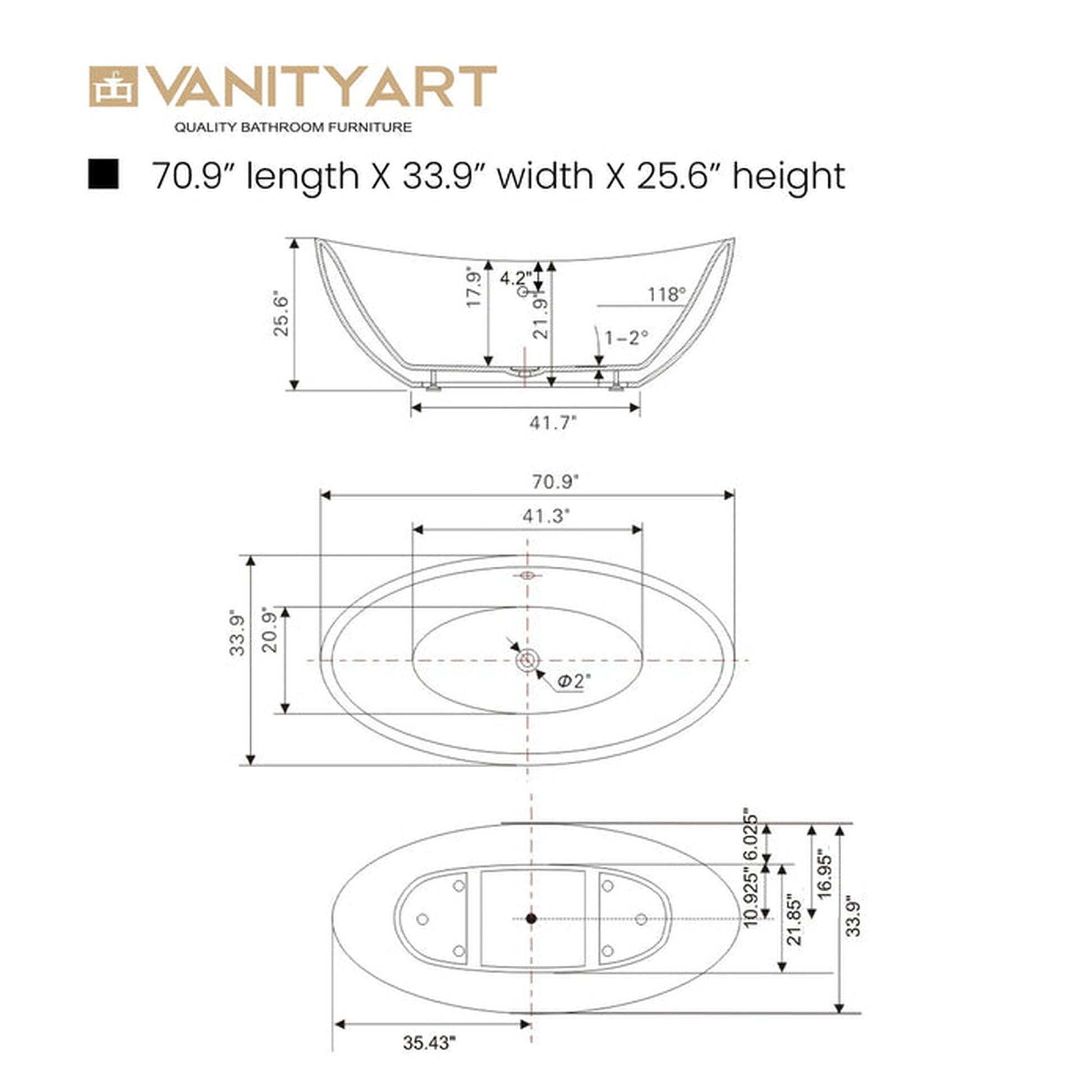 Vanity Art 71" W x 26" H White Acrylic Non-Slip Oval Freestanding Bathtub With Oil Rubbed Bronze Pop-up Drain, Overflow and Flexible Drain Hose