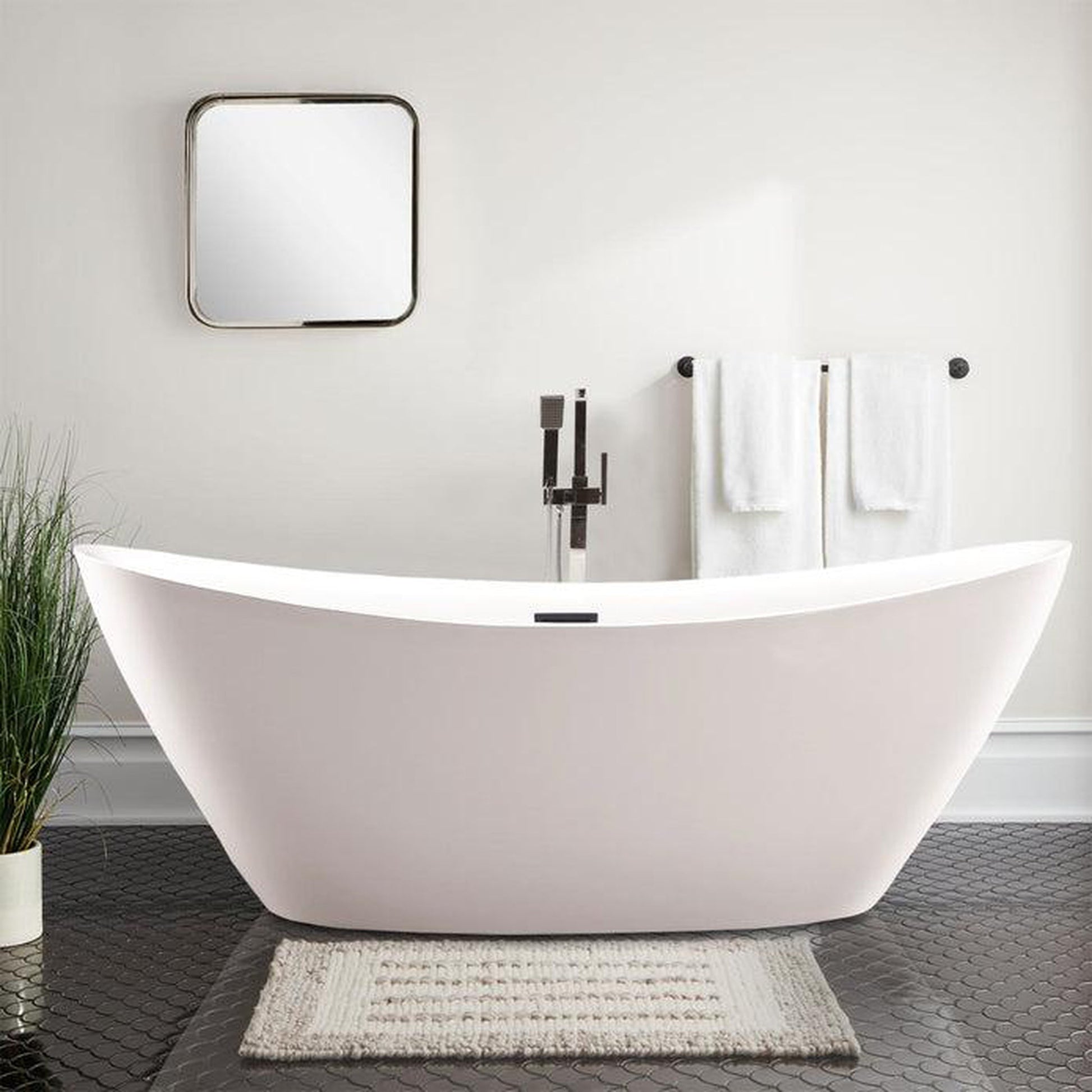 Vanity Art 71" W x 26" H White Acrylic Non-Slip Oval Freestanding Bathtub With Oil Rubbed Bronze Pop-up Drain, Overflow and Flexible Drain Hose