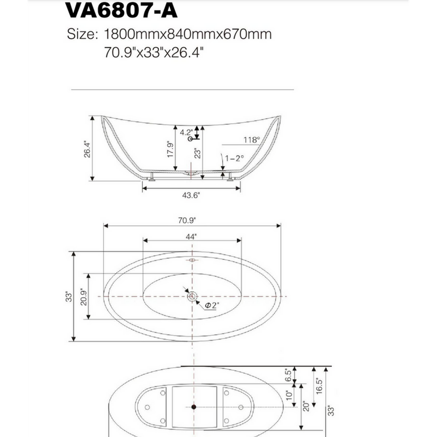 Vanity Art 71" W x 26" H White Acrylic Non-Slip Oval Freestanding Bathtub With Polished Chrome Pop-up Drain, Overflow and Flexible Drain Hose