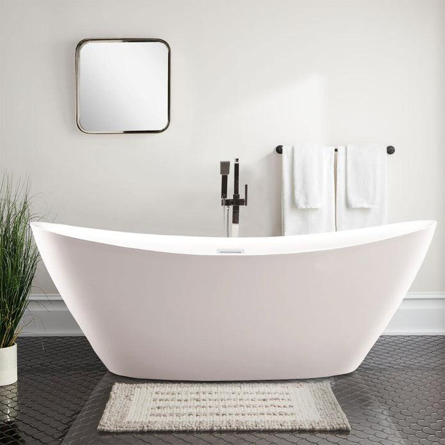 Vanity Art 71" W x 26" H White Acrylic Non-Slip Oval Freestanding Bathtub With Pure White Pop-up Drain, Overflow and Flexible Drain Hose