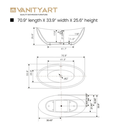 Vanity Art 71" W x 26" H White Acrylic Non-Slip Oval Freestanding Bathtub With Pure White Pop-up Drain, Overflow and Flexible Drain Hose