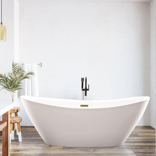 Vanity Art 71" W x 26" H White Acrylic Non-Slip Oval Freestanding Bathtub With Titanium Gold Pop-up Drain, Overflow and Flexible Drain Hose
