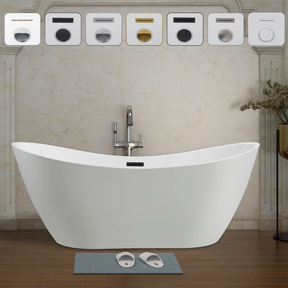 Vanity Art 71" W x 28" H White Acrylic Freestanding Bathtub With Matte Black Pop-up Drain, Slotted Overflow and Flexible Drain Hose