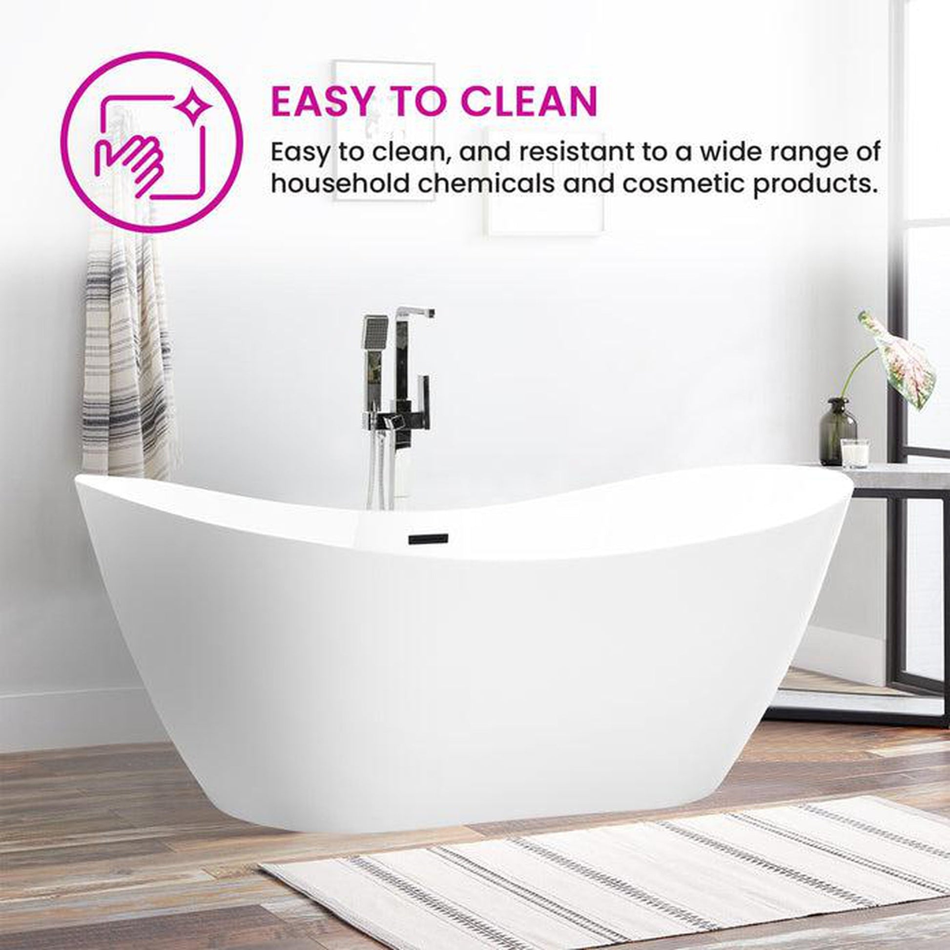 Vanity Art 71" W x 28" H White Acrylic Freestanding Bathtub With Polished Chrome Pop-up Drain, Slotted Overflow and Flexible Drain Hose