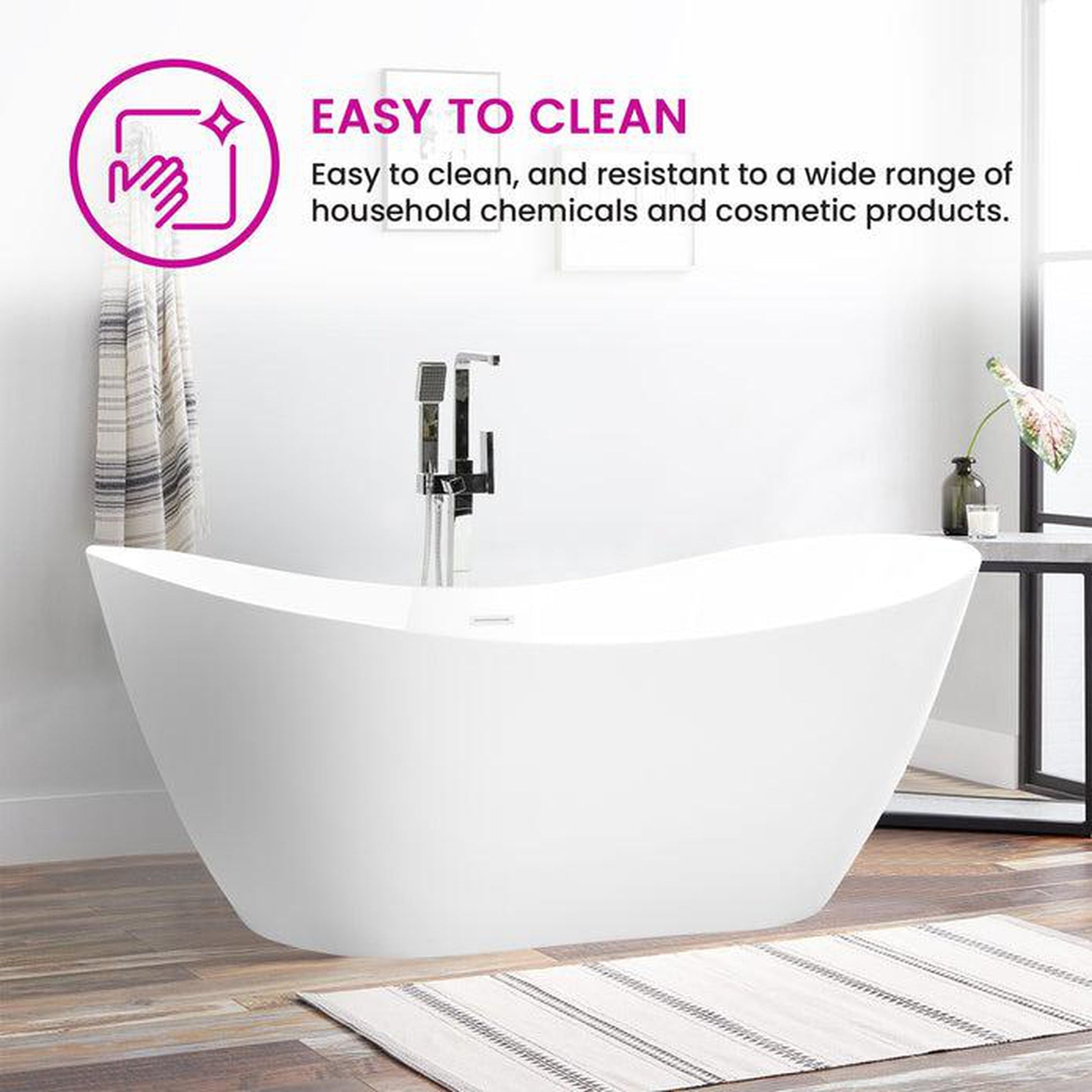 Vanity Art 71" W x 28" H White Acrylic Freestanding Bathtub With Pure White Pop-up Drain, Slotted Overflow and Flexible Drain Hose