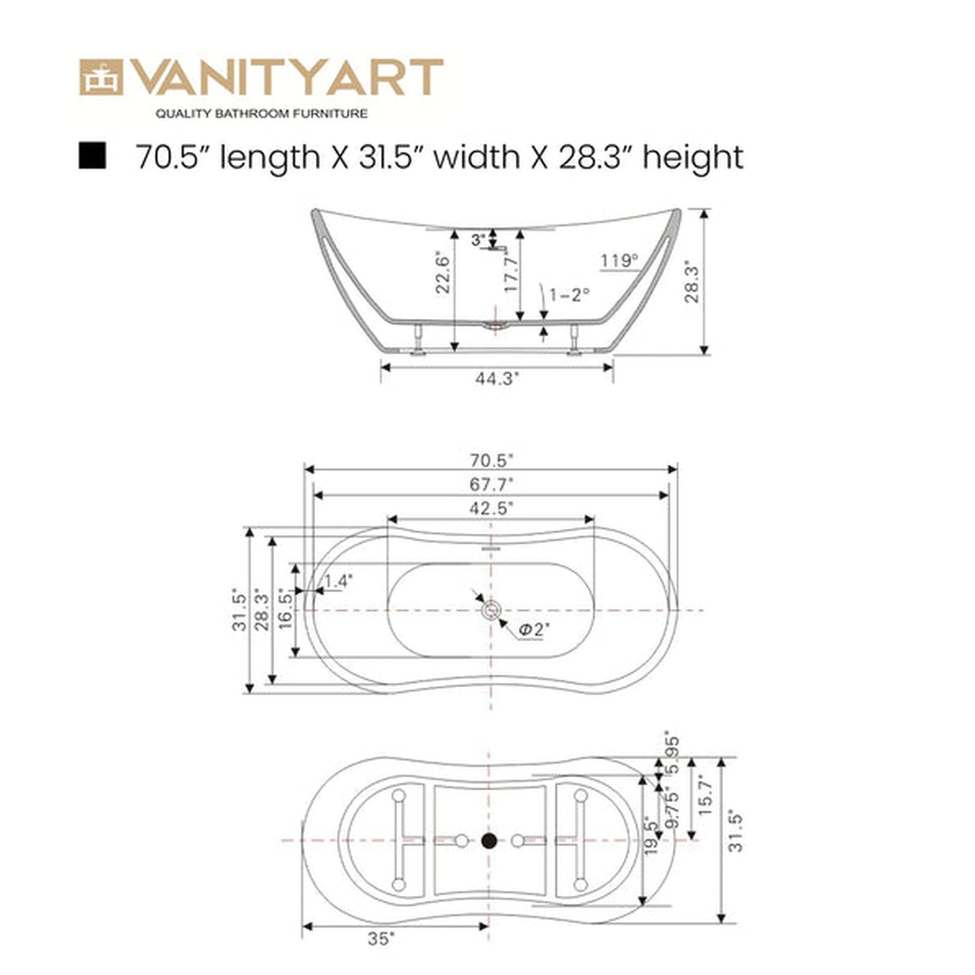 Vanity Art 71" W x 28" H White Acrylic Freestanding Bathtub With Titanium Gold Pop-up Drain, Slotted Overflow and Flexible Drain Hose